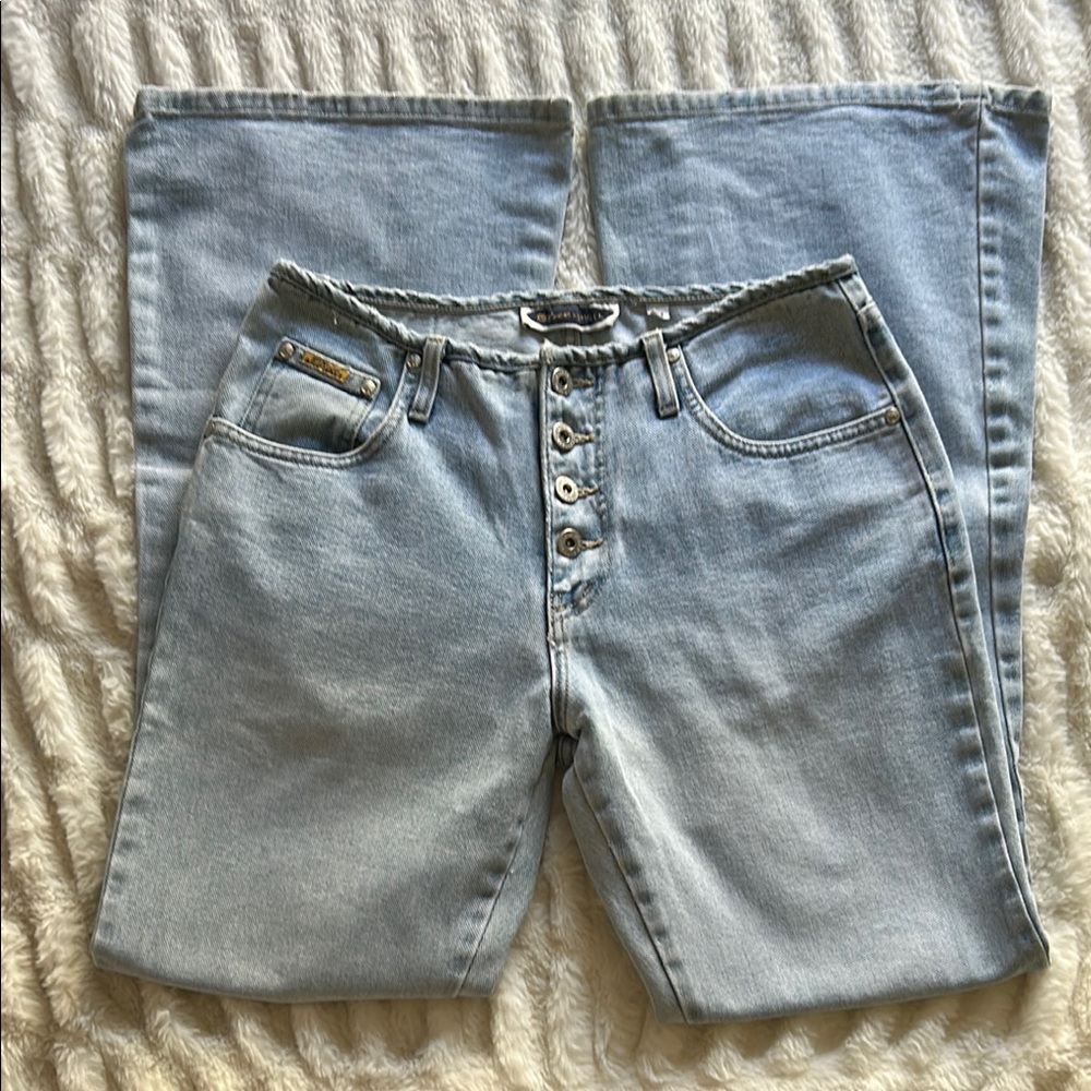 BLUE ASPHALT FLARE Jeans Light Wash Low Rise Button Fly No Waistband 00s Y2K